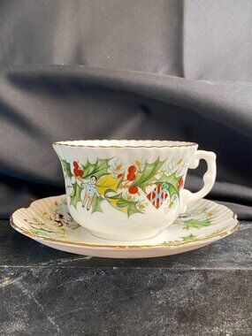 Hammersley & Co Vintage "Christmas Holly" Fine Bone China Flat Cup & Saucer Set